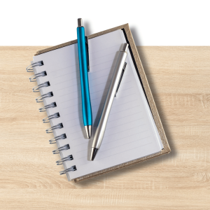 Collection of office supplies including various pens, pencils, notepads, sticky notes, and blu tack adhesive on green gradient background