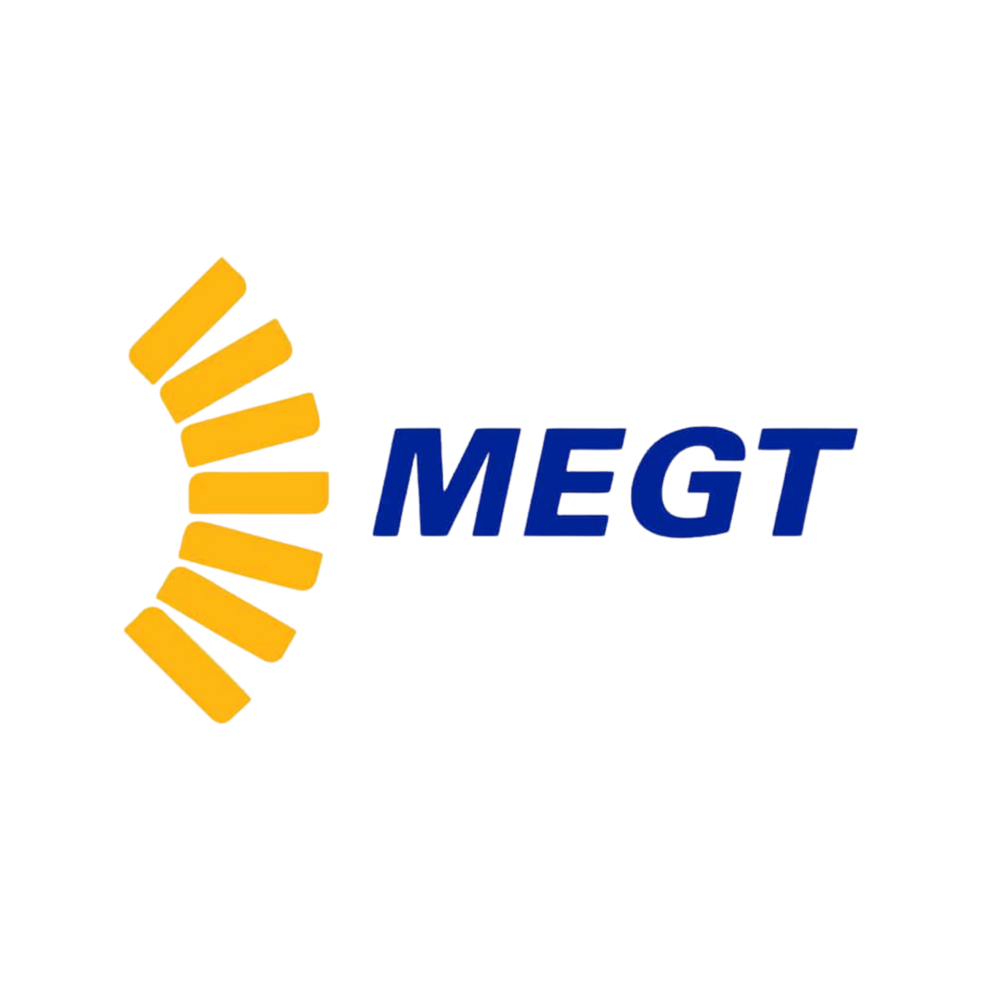 MEGT logo with yellow radiating lines and blue text