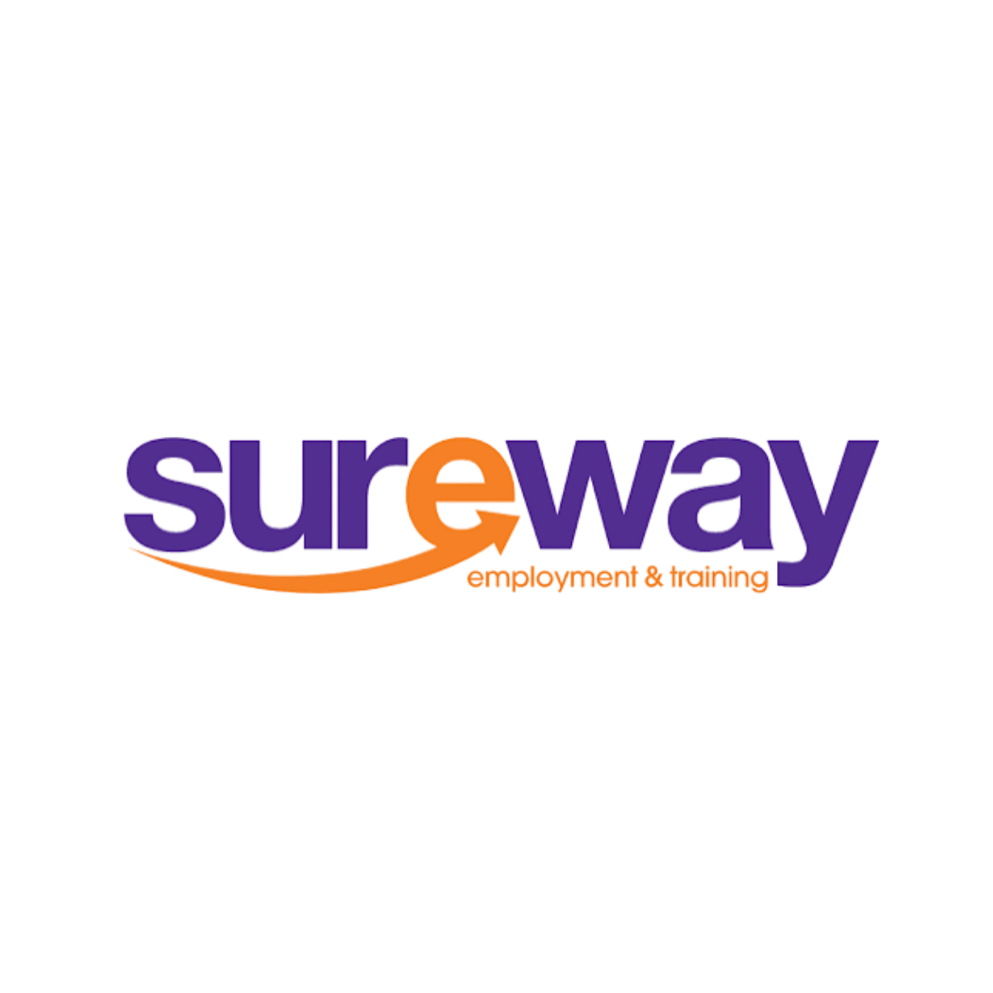 Sureway employment & training logo with purple text and orange curved arrow accent