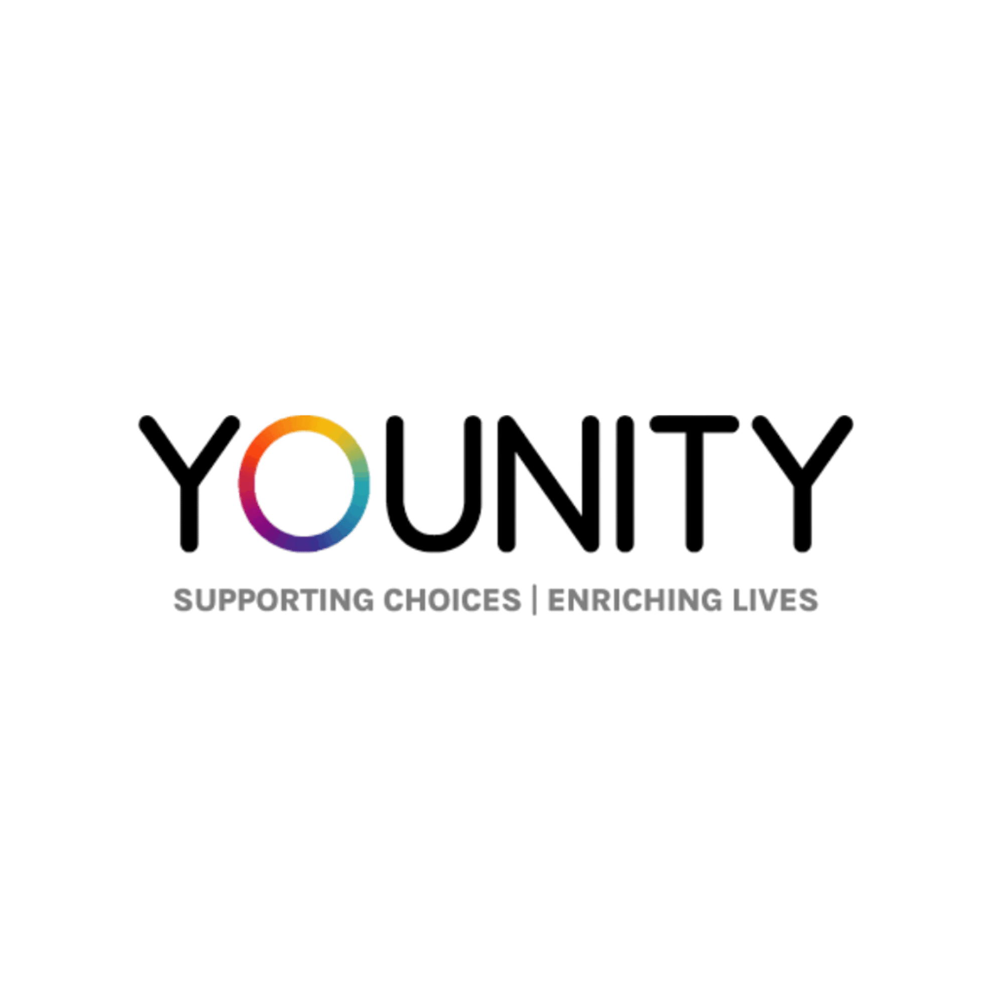 Younity logo with rainbow circle and tagline Supporting Choices, Enriching Lives